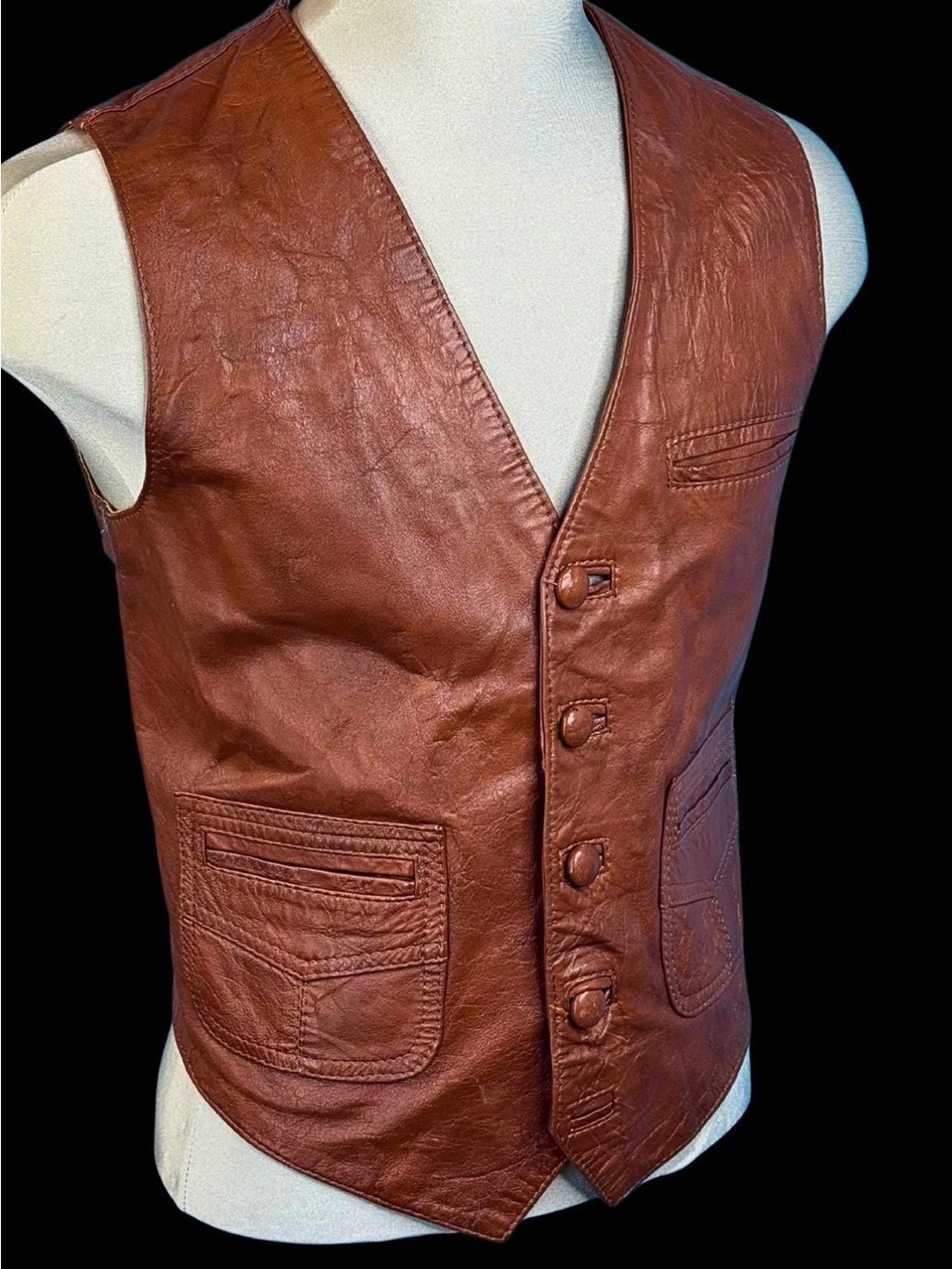 Men's Brown Leather Button Vest - Classic Vintage
